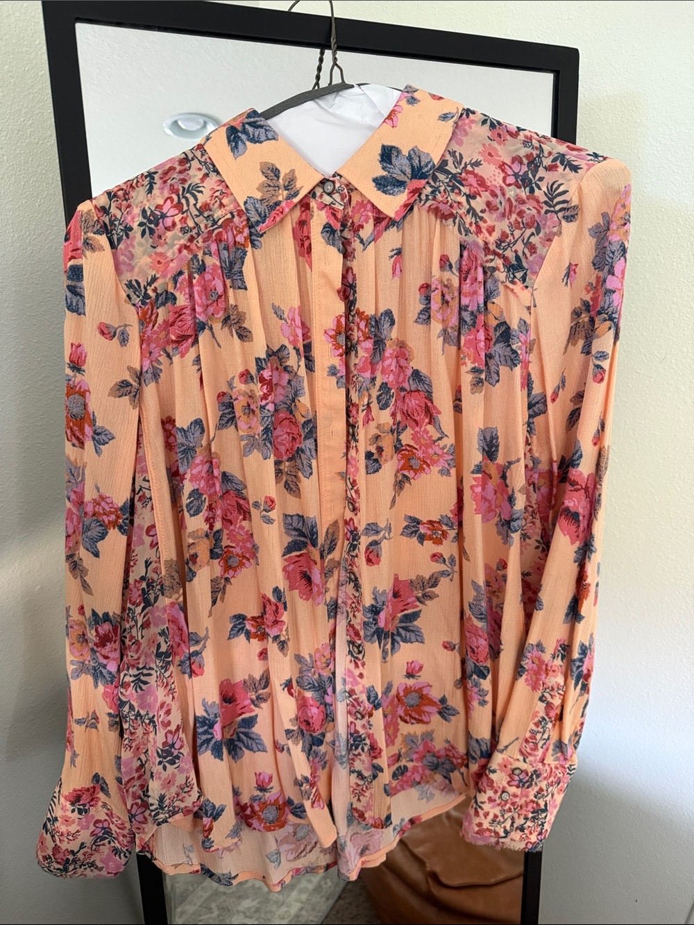 Free People Peach Floral Pleated Button-Up Blouse